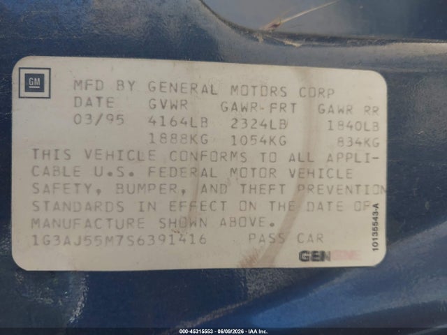 45315553 :رقم المزاد ، 1G3AJ55M7S6391416 vin ، 1995 Oldsmobile Ciera Sl مزاد بيع