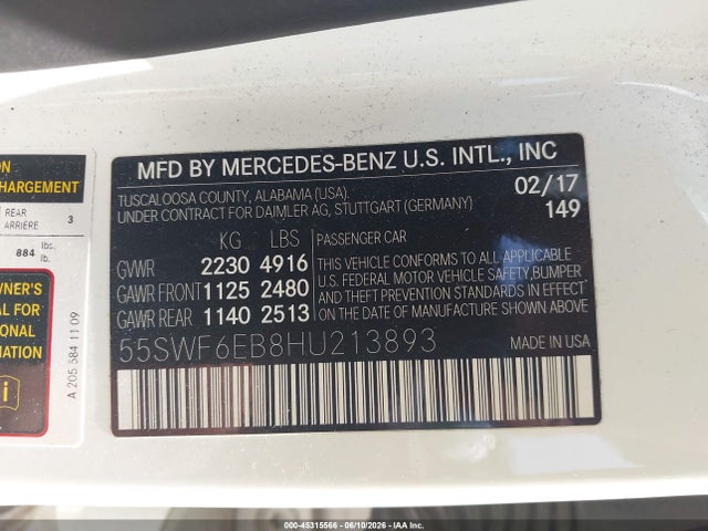Продажа на аукционе авто 2017 Mercedes-benz Amg C 43 4matic, vin: 55SWF6EB8HU213893, номер лота: 45315566