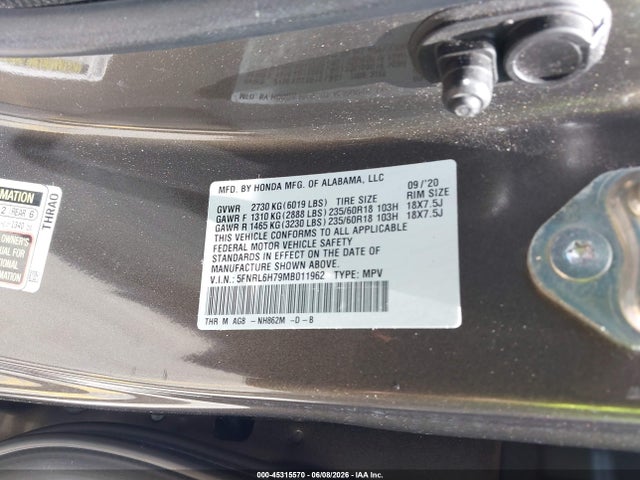 45315570 :رقم المزاد ، 5FNRL6H79MB011962 vin ، 2021 Honda Odyssey Ex-l مزاد بيع