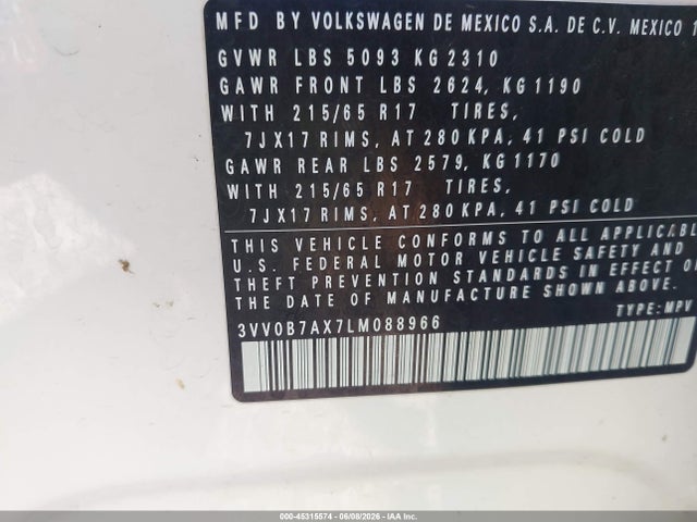 Продаж на аукціоні авто 2020 Volkswagen Tiguan 2.0t S, vin: 3VV0B7AX7LM088966, номер лоту: 45315574