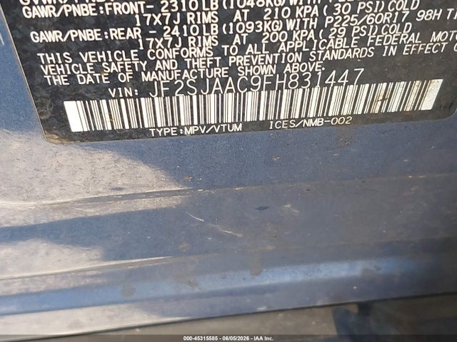 Продаж на аукціоні авто 2015 Subaru Forester 2.5i, vin: JF2SJAAC9FH831447, номер лоту: 45315585