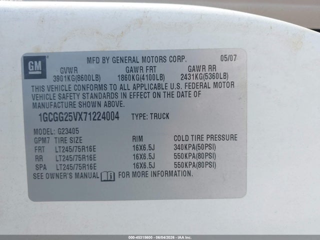 Продажа на аукционе авто 2007 Chevrolet Express Work Van, vin: 1GCGG25VX71224004, номер лота: 45315600