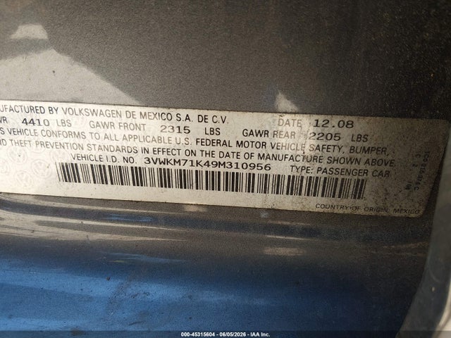 Продаж на аукціоні авто 2009 Volkswagen Jetta 2.5l S, vin: 3VWKM71K49M310956, номер лоту: 45315604