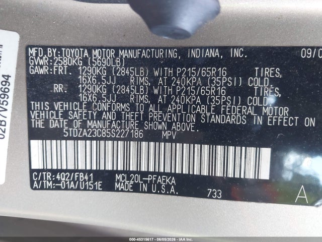 45315617 :رقم المزاد ، 5TDZA23C85S227186 vin ، 2005 Toyota Sienna Le مزاد بيع