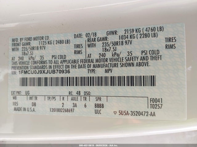 Aukcja sprzedaży 2018 Ford Escape Titanium, vin: 1FMCU0J9XJUB70936, numer aukcji: 45315619