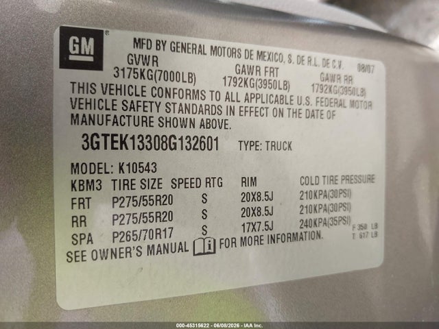 45315622 :رقم المزاد ، 3GTEK13308G132601 vin ، 2008 Gmc Sierra 1500 Sle1 مزاد بيع