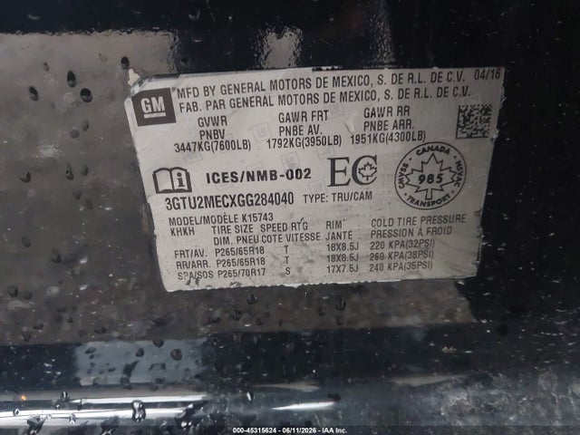 Aukcja sprzedaży 2016 Gmc Sierra 1500 Sle, vin: 3GTU2MECXGG284040, numer aukcji: 45315624