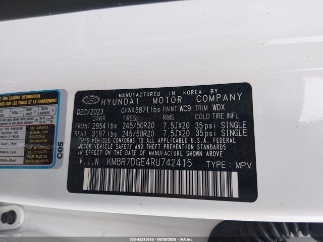 45315650 :رقم المزاد ، KM8R7DGE4RU742415 vin ، 2024 Hyundai Palisade Calligraphy مزاد بيع