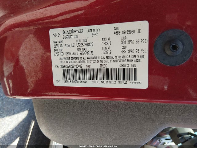 2008 Dodge Ram 2500 Laramie მანქანა იყიდება აუქციონზე, vin: 3D3KR29A28G105482, აუქციონის ნომერი: 45315665