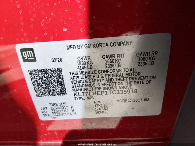 45315669 :رقم المزاد ، KL77LHEP1TC135918 vin ، 2026 Chevrolet Trax Fwd Lt مزاد بيع
