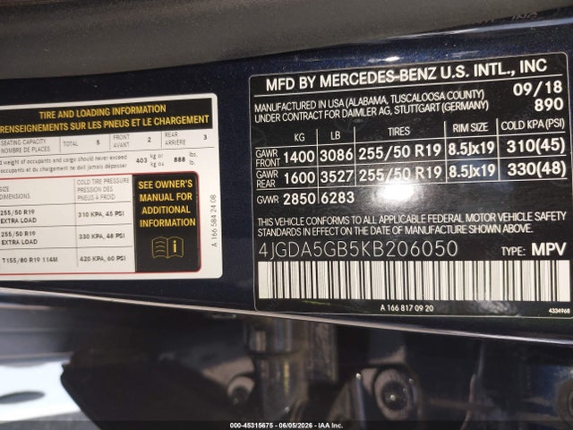 Продажа на аукционе авто 2019 Mercedes-benz Gle 400 4matic, vin: 4JGDA5GB5KB206050, номер лота: 45315675
