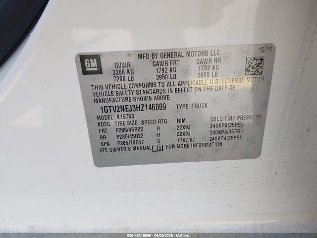 Aukcja sprzedaży 2017 Gmc Sierra 1500 Slt, vin: 1GTV2NEJ3HZ146009, numer aukcji: 45315696