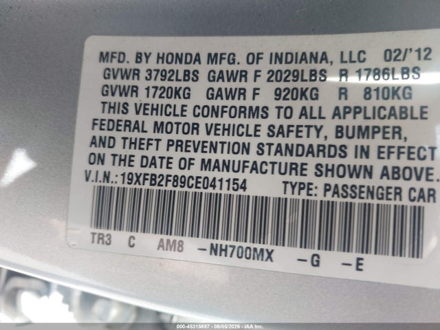 2012 Honda Civic Ex მანქანა იყიდება აუქციონზე, vin: 19XFB2F89CE041154, აუქციონის ნომერი: 45315697