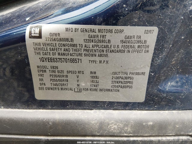 2007 Cadillac Srx V6 მანქანა იყიდება აუქციონზე, vin: 1GYEE637570166571, აუქციონის ნომერი: 45315706