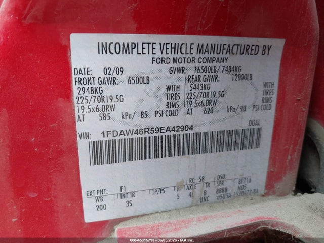 45315713 :رقم المزاد ، 1FDAW46R59EA42904 vin ، 2009 Ford F-450 Chassis Lariat/xl/xlt مزاد بيع