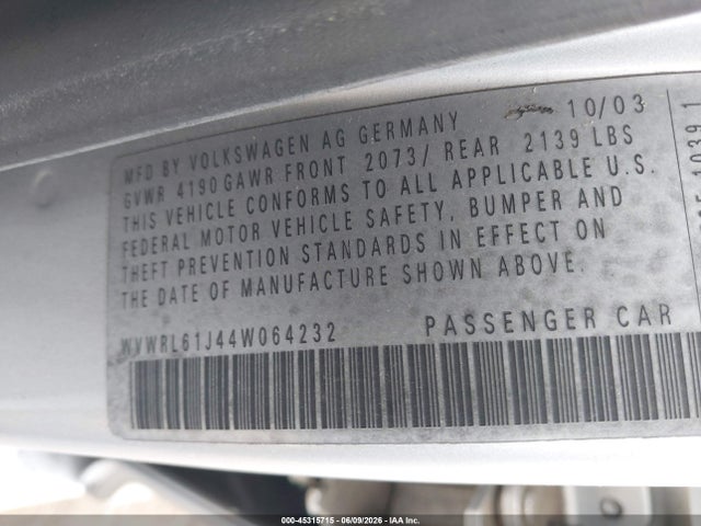 Продажа на аукционе авто 2004 Volkswagen Jetta Gl, vin: WVWRL61J44W064232, номер лота: 45315715