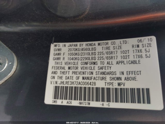 Aukcja sprzedaży 2010 Honda Cr-v Ex-l, vin: JHLRE3H72AC006428, numer aukcji: 45315717