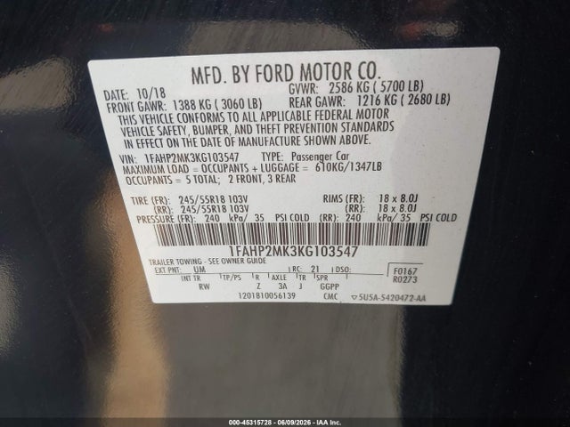 Продаж на аукціоні авто 2019 Ford Police Interceptor, vin: 1FAHP2MK3KG103547, номер лоту: 45315728