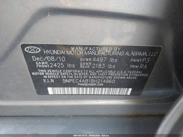 Продажа на аукционе авто 2011 Hyundai Sonata Limited 2.0t, vin: 5NPEC4AB1BH214960, номер лота: 45315733