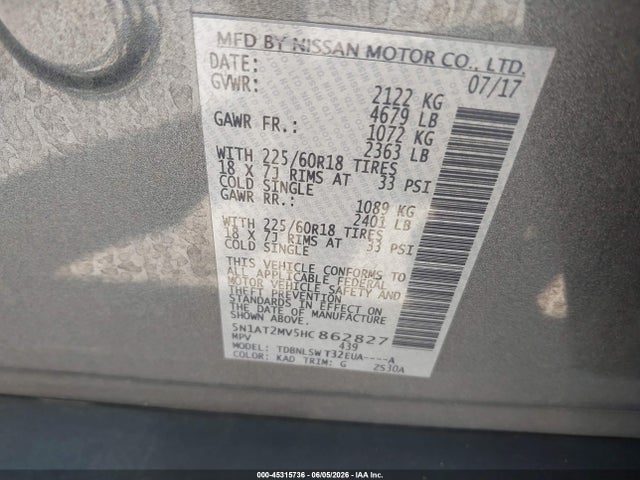 45315736 :رقم المزاد ، 5N1AT2MV5HC862827 vin ، 2017 Nissan Rogue Sl مزاد بيع