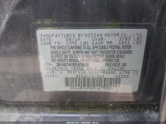 2014 Nissan Sentra S მანქანა იყიდება აუქციონზე, vin: 3N1AB7AP8EL679080, აუქციონის ნომერი: 45315740