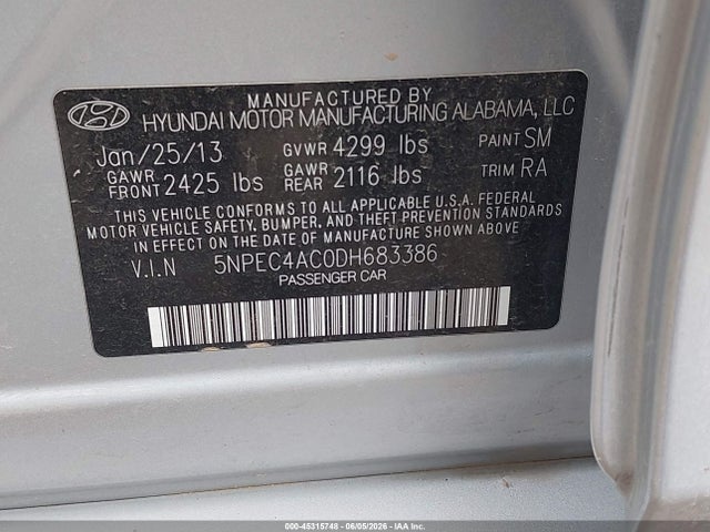 Продаж на аукціоні авто 2013 Hyundai Sonata Se, vin: 5NPEC4AC0DH683386, номер лоту: 45315748