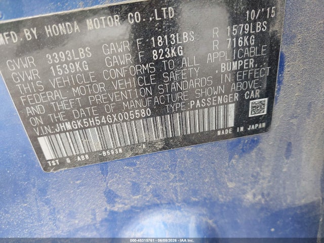 Aukcja sprzedaży 2016 Honda Fit Lx, vin: JHMGK5H54GX005580, numer aukcji: 45315761