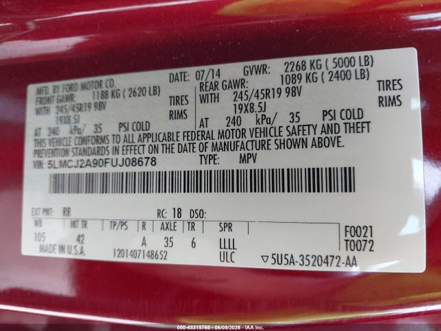 Продаж на аукціоні авто 2015 Lincoln Mkc, vin: 5LMCJ2A90FUJ08678, номер лоту: 45315765
