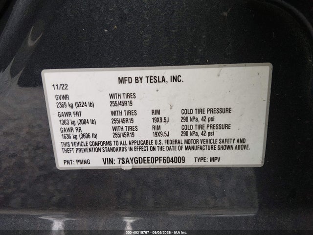 Aukcja sprzedaży 2023 Tesla Model Y Awd/long Range Dual Motor All-wheel Drive, vin: 7SAYGDEE0PF604009, numer aukcji: 45315767