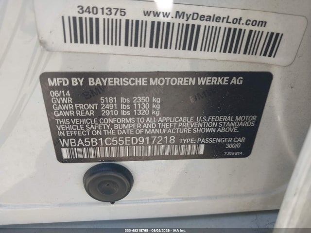 45315768 :رقم المزاد ، WBA5B1C55ED917218 vin ، 2014 Bmw 535i مزاد بيع
