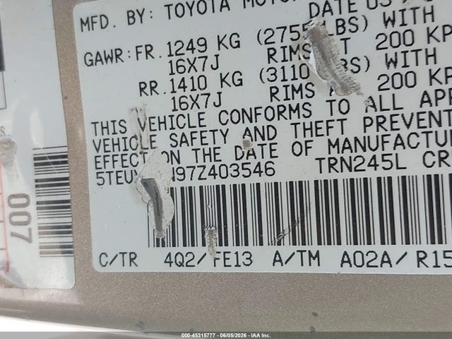 Auction sale of the 2007 Toyota Tacoma, vin: 5TEUX42N97Z403546, lot number: 45315777