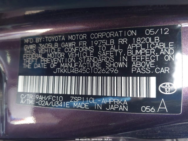 45315779 :رقم المزاد ، JTKKU4B45C1026296 vin ، 2012 Scion Xd مزاد بيع