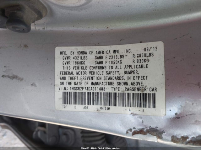 Aukcja sprzedaży 2013 Honda Accord Ex, vin: 1HGCR2F74DA011488, numer aukcji: 45315786