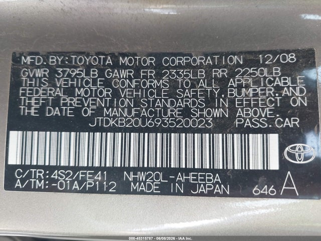 Aukcja sprzedaży 2009 Toyota Prius, vin: JTDKB20U693520023, numer aukcji: 45315787