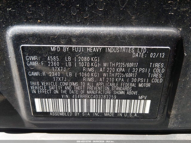 45315788 :رقم المزاد ، 4S4BRBKC4D3283259 vin ، 2013 Subaru Outback 2.5i Limited مزاد بيع