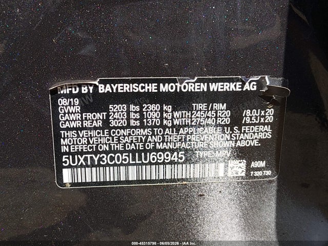 Aukcja sprzedaży 2020 Bmw X3 Sdrive30i, vin: 5UXTY3C05LLU69945, numer aukcji: 45315798