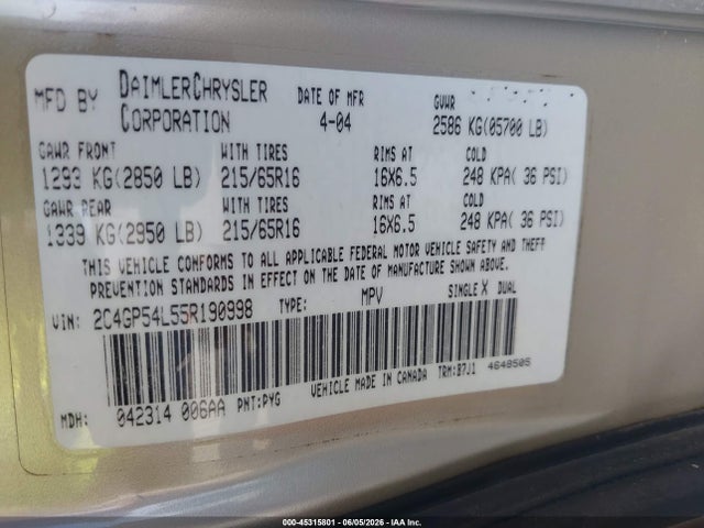 2005 Chrysler Town & Country Touring მანქანა იყიდება აუქციონზე, vin: 2C4GP54L55R190998, აუქციონის ნომერი: 45315801
