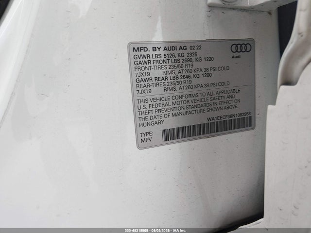 Aukcja sprzedaży 2022 Audi Q3 Premium Plus 45 Tfsi S Line Quattro Tiptronic, vin: WA1EECF36N1082953, numer aukcji: 45315809