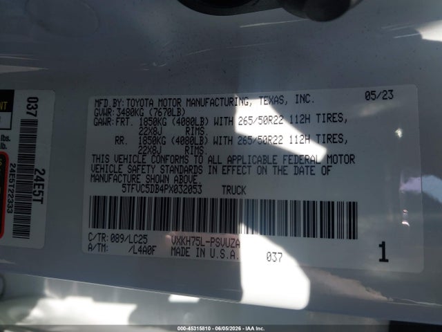Продажа на аукционе авто 2023 Toyota Tundra Hybrid Capstone, vin: 5TFVC5DB4PX032053, номер лота: 45315810