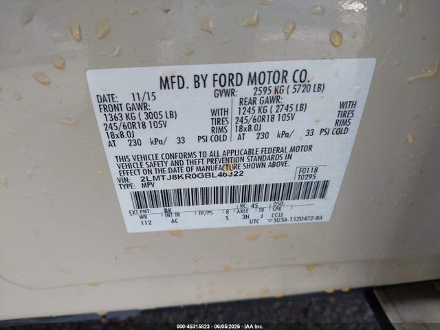 2016 Lincoln Mkx Select მანქანა იყიდება აუქციონზე, vin: 2LMTJ8KR0GBL46322, აუქციონის ნომერი: 45315823