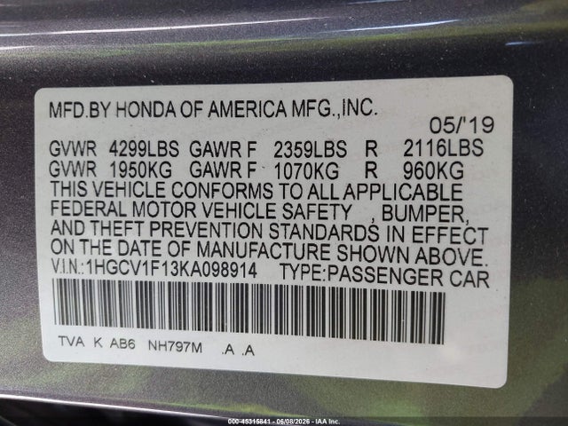 1HGCV1F13KA098914 Honda ACCORD LX