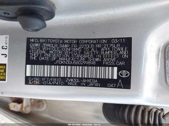 Продаж на аукціоні авто 2011 Toyota Prius Two, vin: JTDKN3DU5B0299898, номер лоту: 45315880