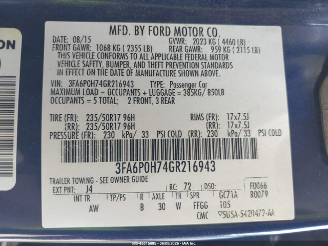 3FA6P0H74GR216943 Ford FUSION SE