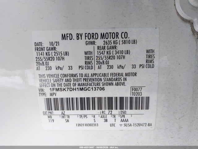 Ford EXPLORER XLT 2021 1FMSK7DH1MGC13706 Image 9