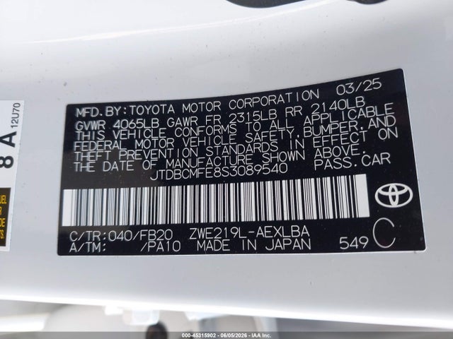 JTDBCMFE8S3089540 Toyota Corolla Hybrid Le