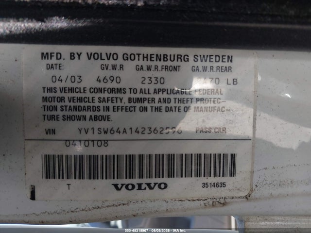 Aukcja sprzedaży 2004 Volvo V70 2.4, vin: YV1SW64A142362596, numer aukcji: 45315907