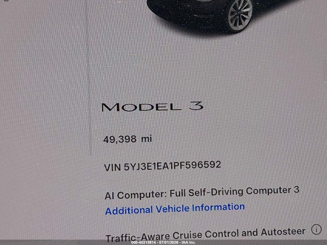 45315914 :رقم المزاد ، 5YJ3E1EA1PF596592 vin ، 2023 Tesla Model 3 Rear-wheel Drive مزاد بيع