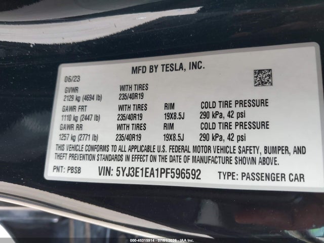 45315914 :رقم المزاد ، 5YJ3E1EA1PF596592 vin ، 2023 Tesla Model 3 Rear-wheel Drive مزاد بيع