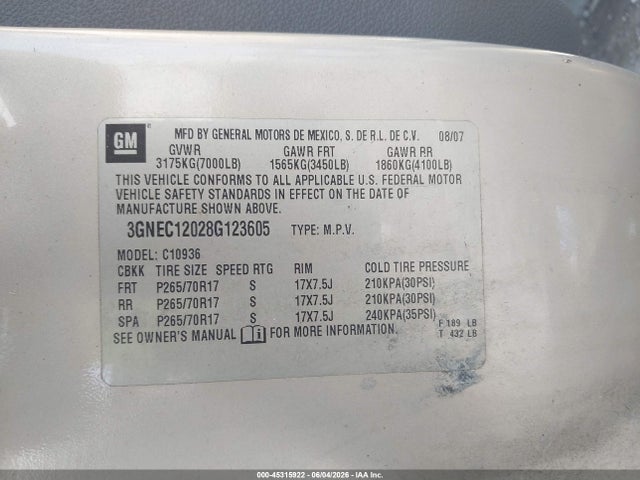 Продаж на аукціоні авто 2008 Chevrolet Avalanche 1500 Ls, vin: 3GNEC12028G123605, номер лоту: 45315922