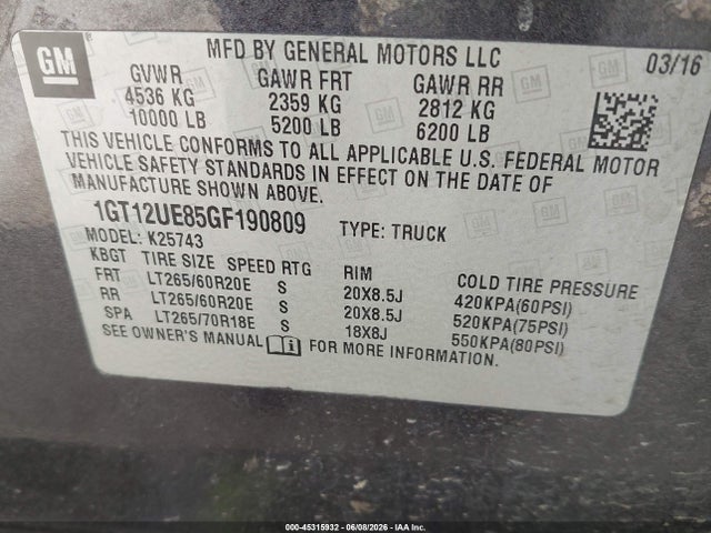 Aukcja sprzedaży 2016 Gmc Sierra 2500hd Denali, vin: 1GT12UE85GF190809, numer aukcji: 45315932